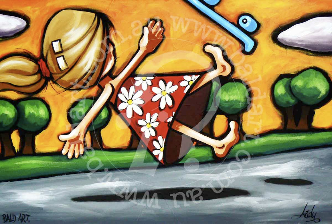 A colorful painting of a girl skateboarding along a street, illustrating her skill and the bustling environment around her.