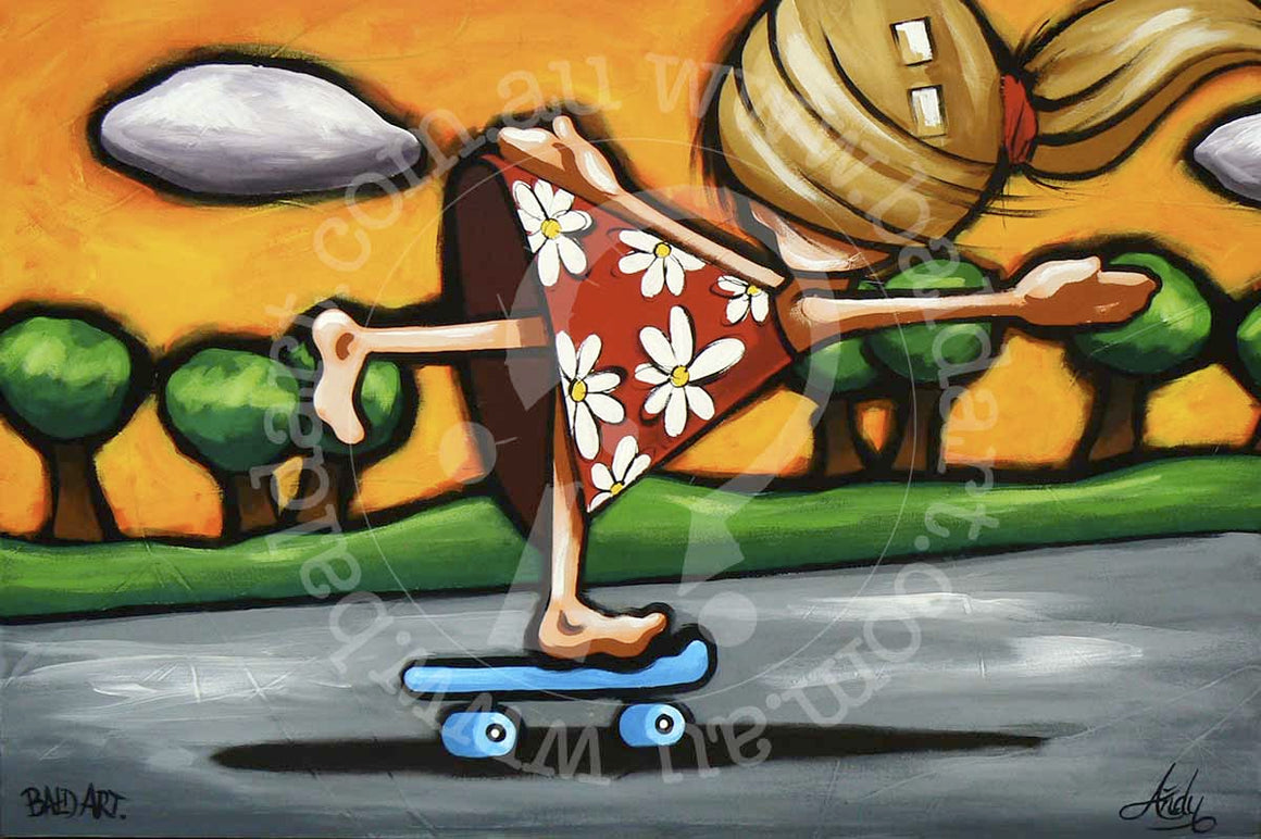 A colorful artistic representation of a person skateboarding with floral motifs on the skateboard and a vibrant background.