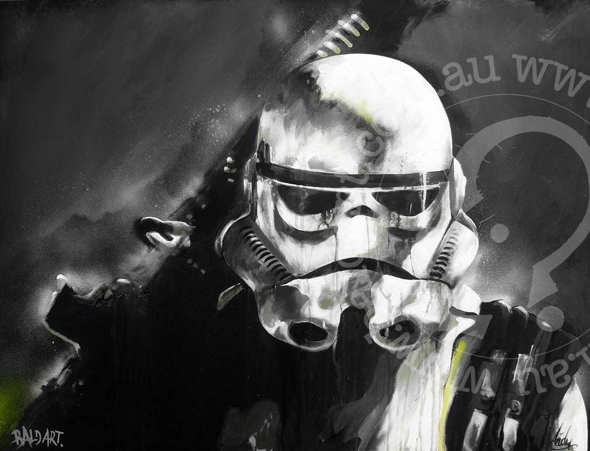 A canvas print featuring a monochrome depiction of a Stormtrooper helmet from the Star Wars franchise.