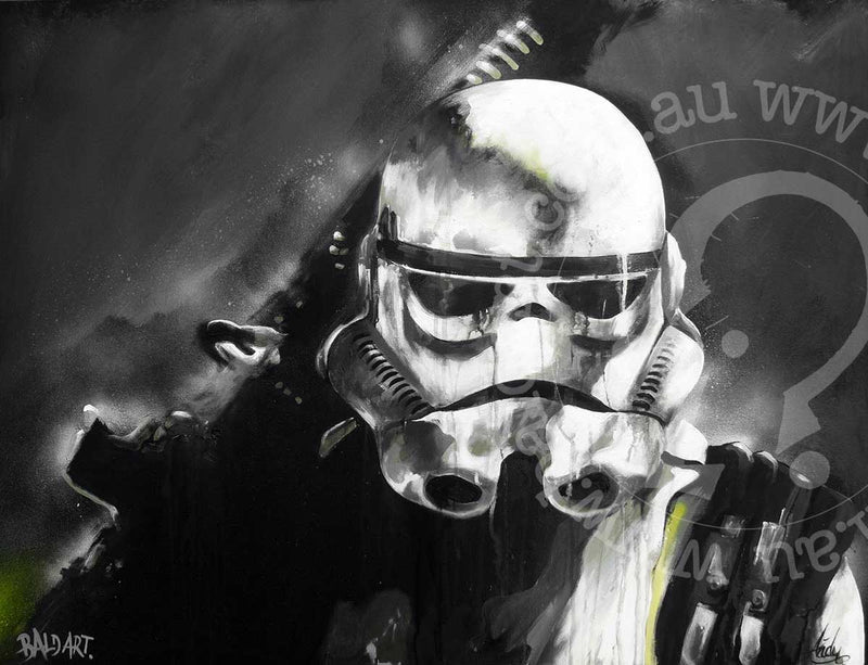 A canvas print featuring a monochrome depiction of a Stormtrooper helmet from the Star Wars franchise.
