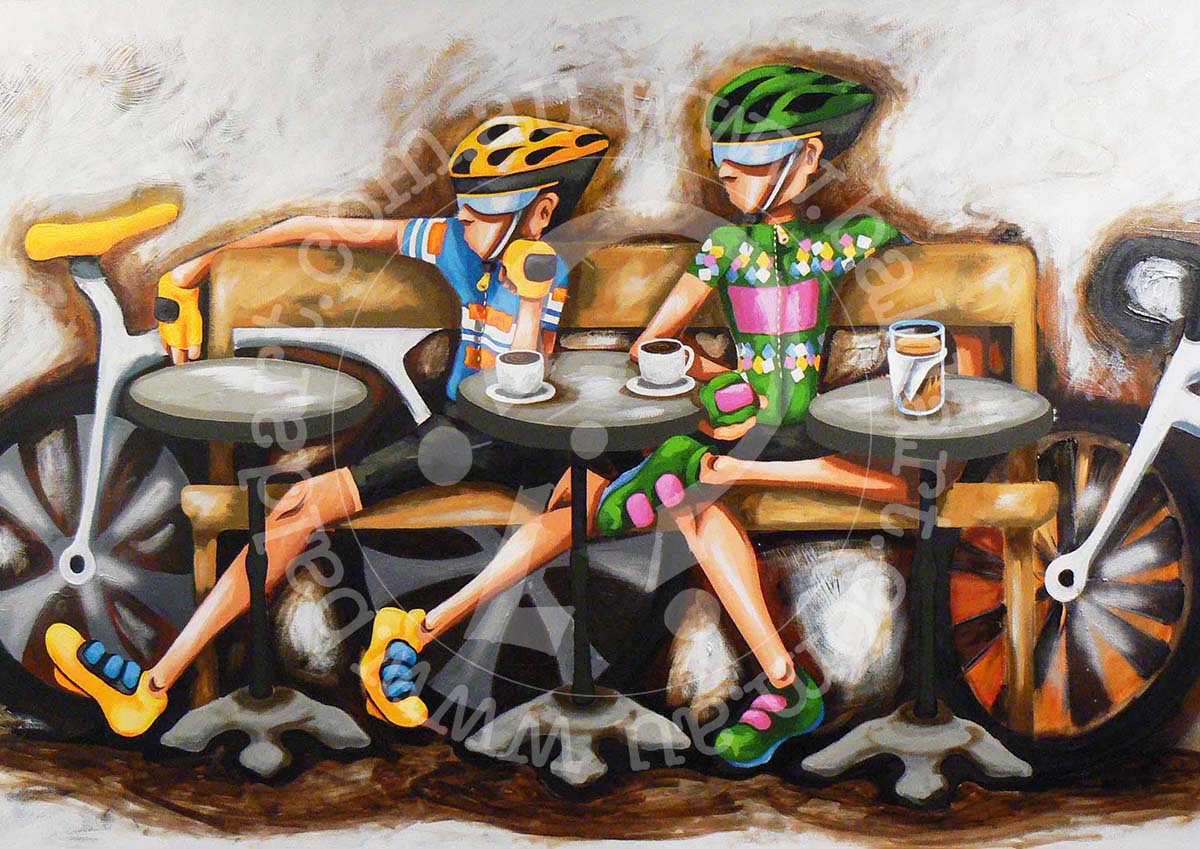 A canvas print featuring two cartoon characters, a man and a woman, sitting at a table with a coffee cup and cake, wearing bicycle-themed clothing.