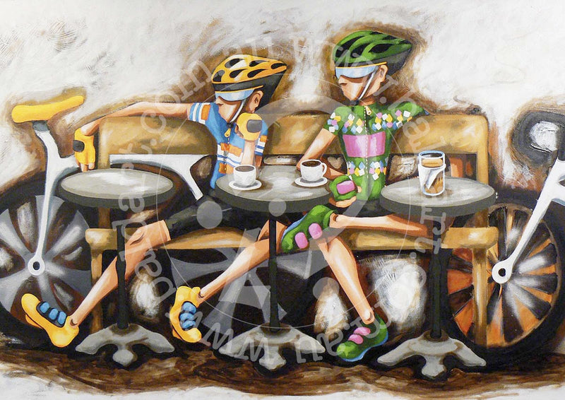 A canvas print featuring two cartoon characters, a man and a woman, sitting at a table with a coffee cup and cake, wearing bicycle-themed clothing.