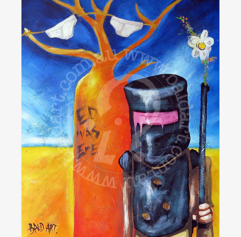 An artwork showing a man wearing a helmet, grasping a gun and a flower simultaneously.