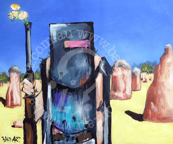 An artwork featuring a man in a mask, gripping a gun, evoking themes of danger and intrigue.