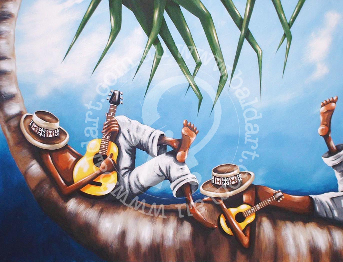 A painting featuring a figure lying on a wooden surface with a guitar, surrounded by a tropical landscape.