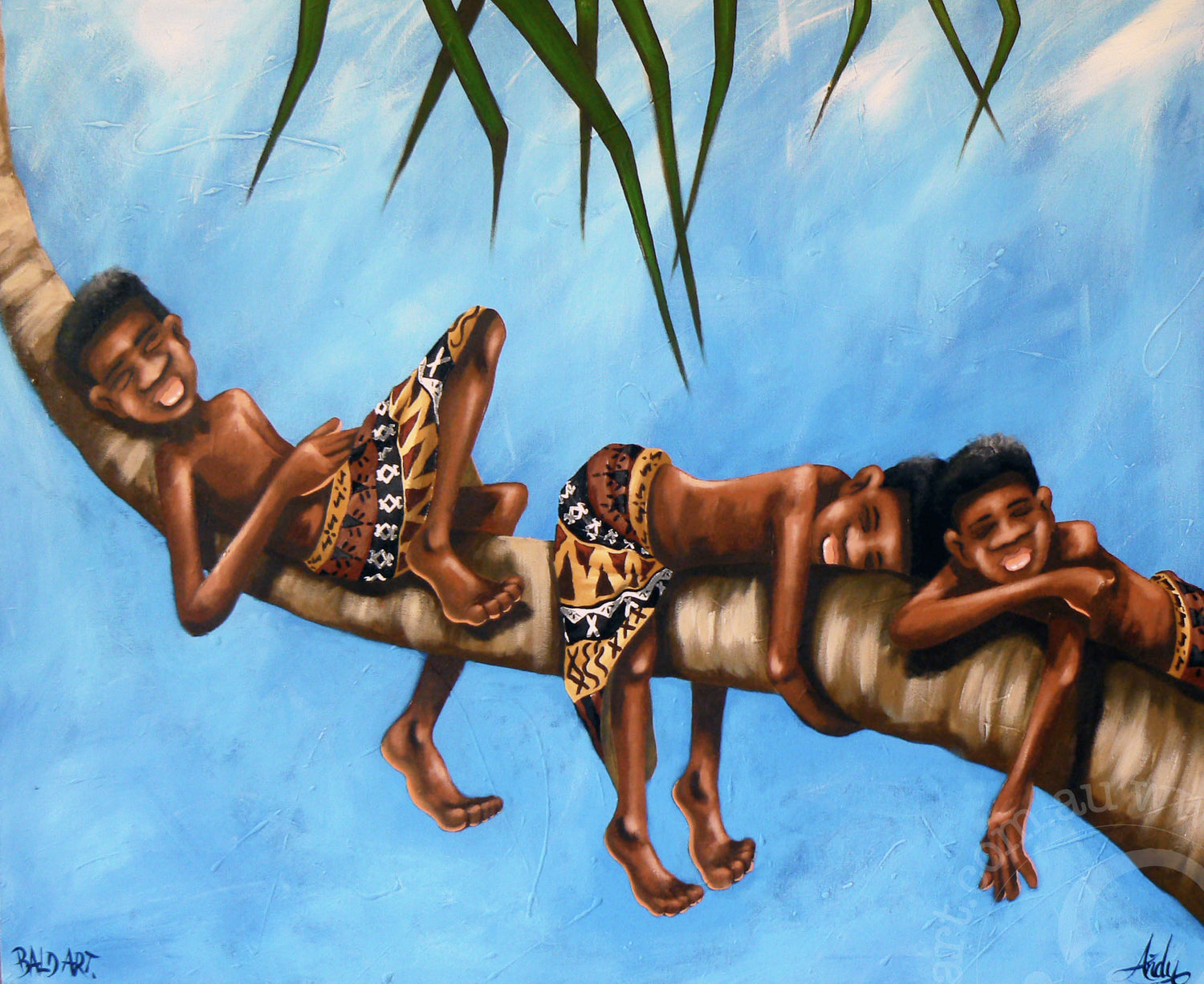 Fiji village lunch art titled 'Lunch Hour' on canvas, depicting a group of friends resting in a palm tree during a tropical siesta. A peaceful island scene.