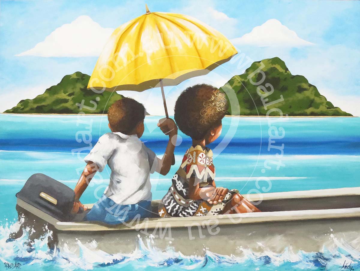 Fiji island woman art titled 'Island Princess' on canvas, depicting a woman in a boat with a yellow umbrella floating on turquoise tropical water.