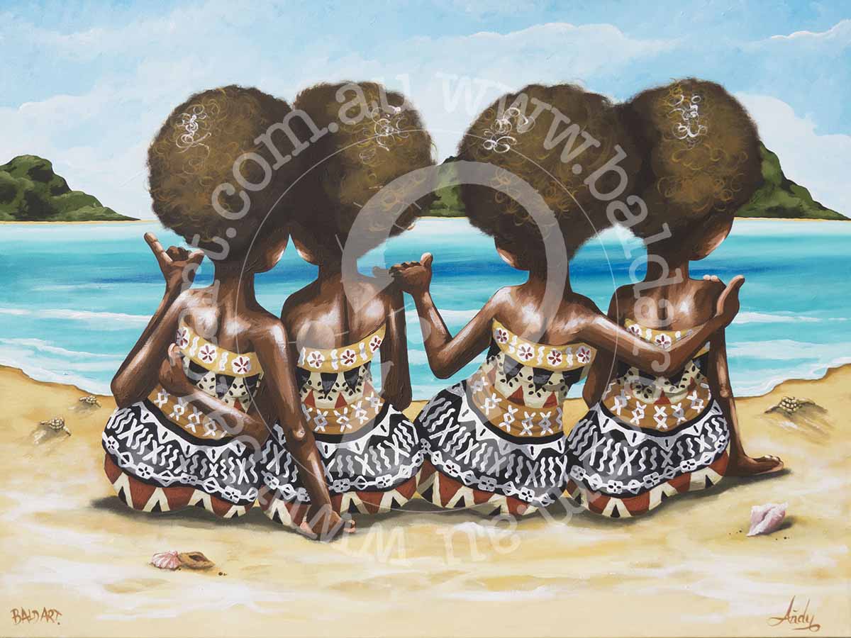 Fiji culture art canvas print titled 'Gossip Session' depicting a vibrant tropical village scene where friends gather for a gossip session against a Pacific ocean backdrop. A soulful representation of Fiji community life art.