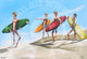 A painting of several stylized figures with surfboards, indicating a beach or surf theme.