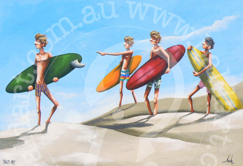 A painting of several stylized figures with surfboards, indicating a beach or surf theme.