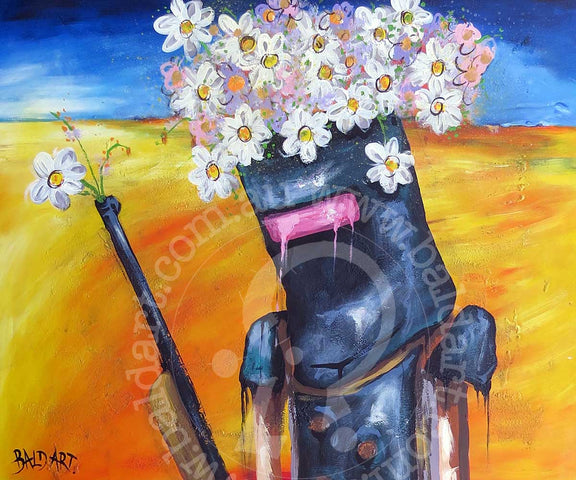 A contemporary artwork featuring a stylized character with a floral pattern on its head, holding a gun, against a background with daisies.