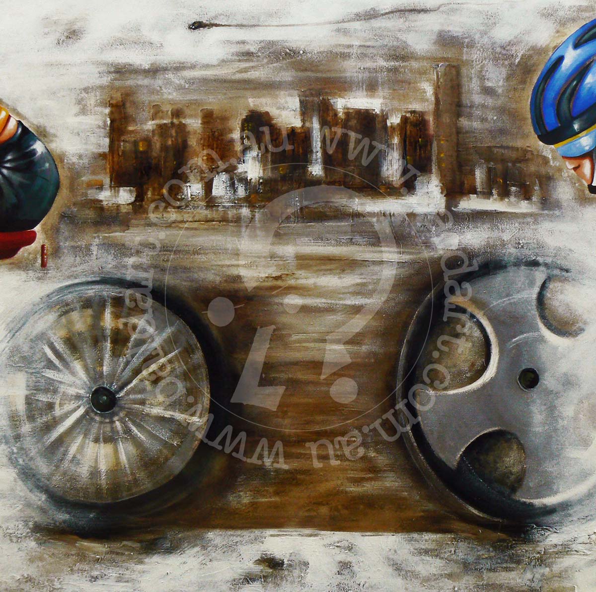 A painting featuring a stylized representation of a bicycle and a cyclist in an urban setting, with buildings and a blue sky background.