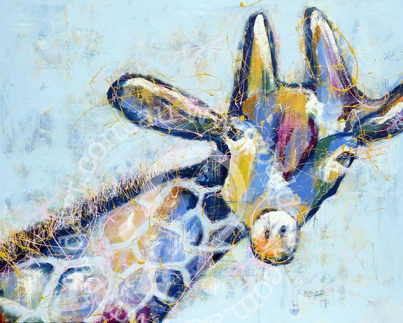 Abstract painting of a giraffe with a geometric and colorful pattern.