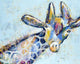 Abstract painting of a giraffe with a geometric and colorful pattern.