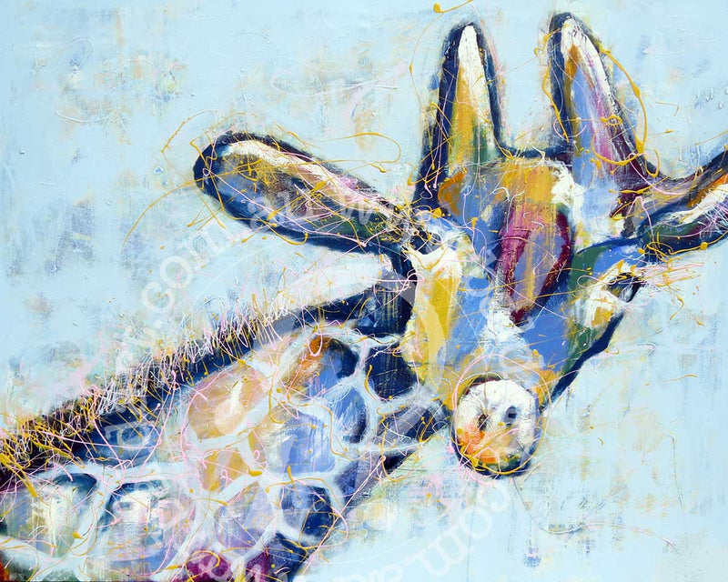 Abstract painting of a giraffe with a geometric and colorful pattern.