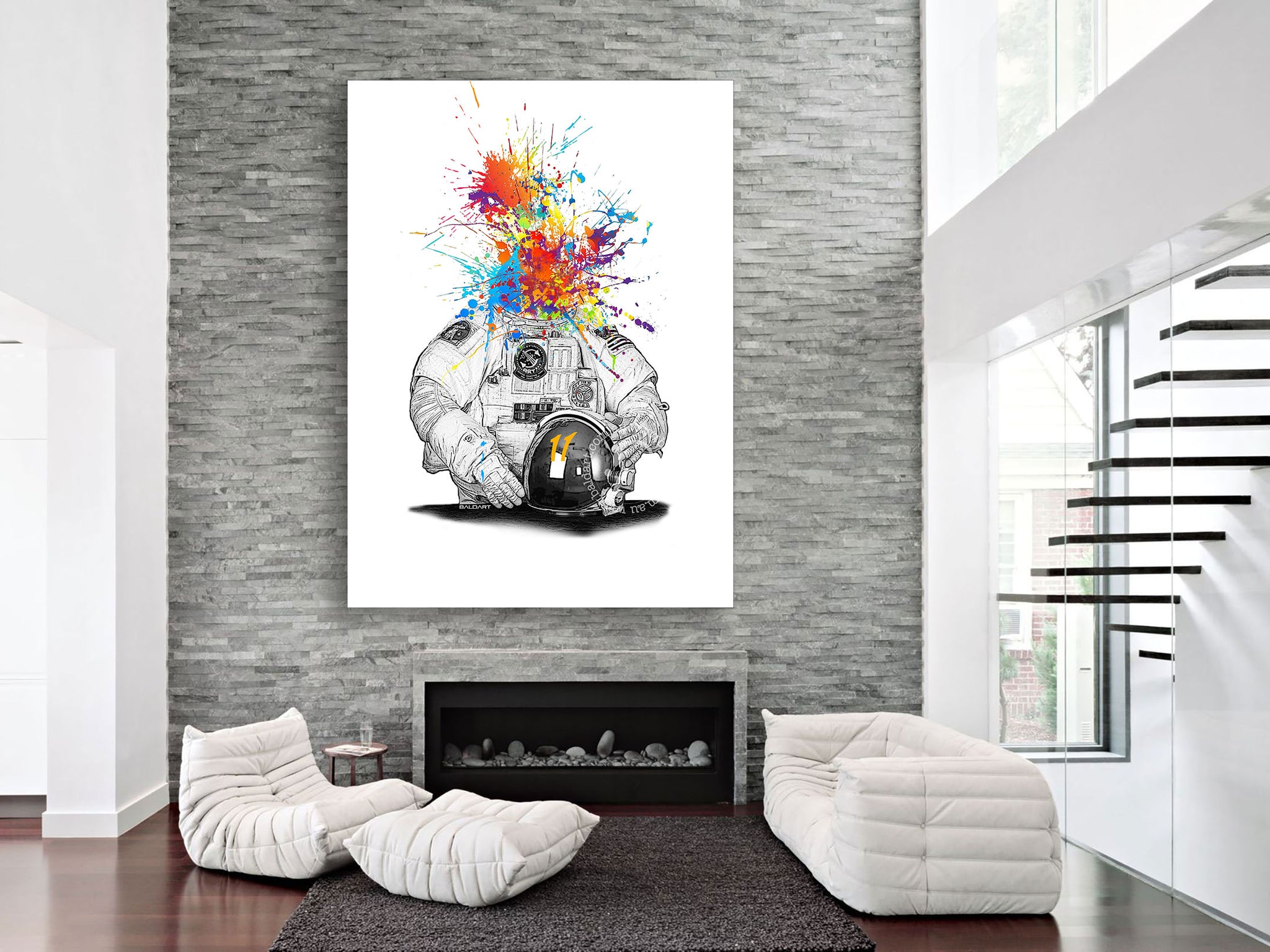 A bold artwork depicting a skull, surrounded by an explosion of colorful paint splatters, creating a lively composition.