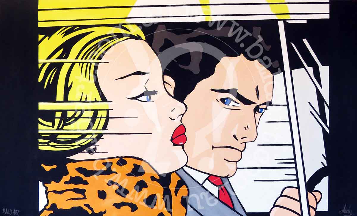 A painting of a man and woman in a car, illustrating their connection and the artistic style of the vehicle.