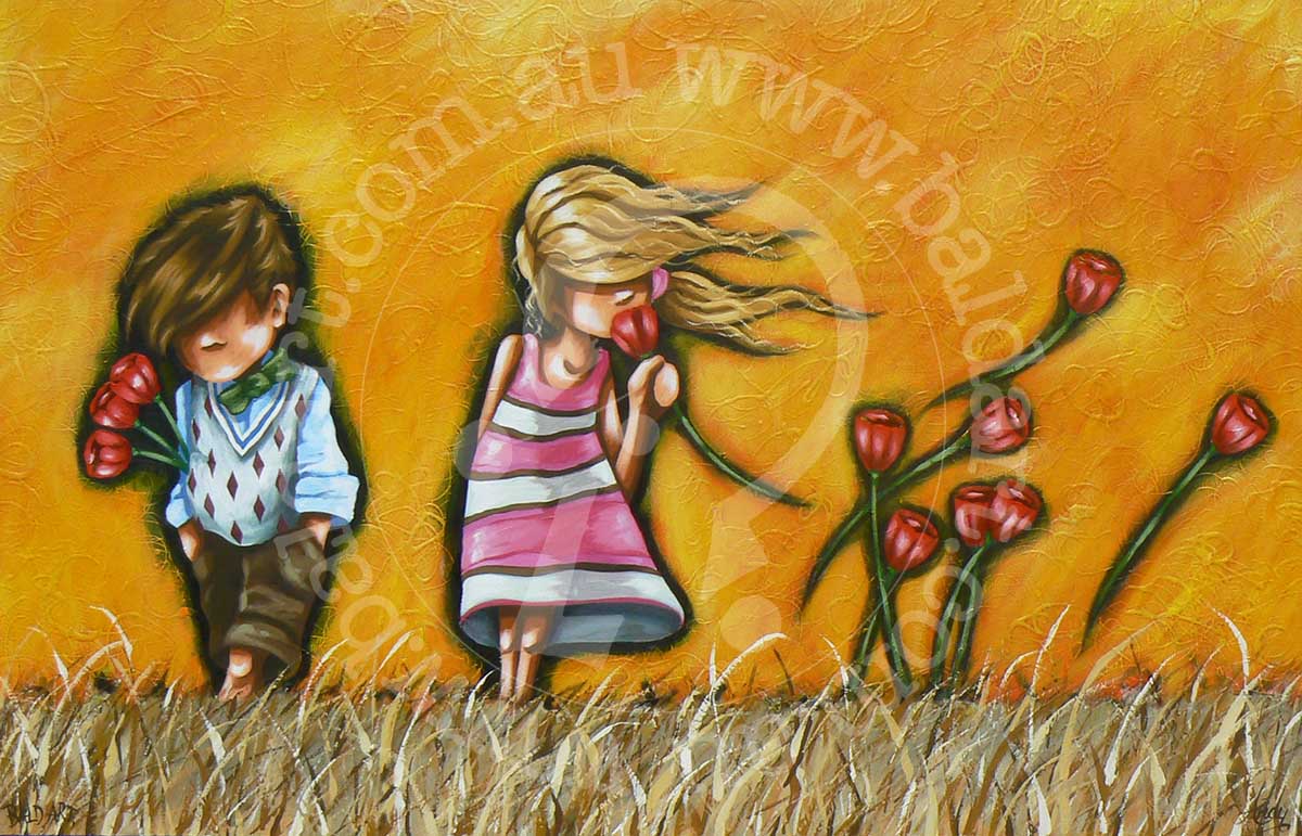 Two children stroll through a colorful tulip field in this painting, capturing a joyful moment in nature.