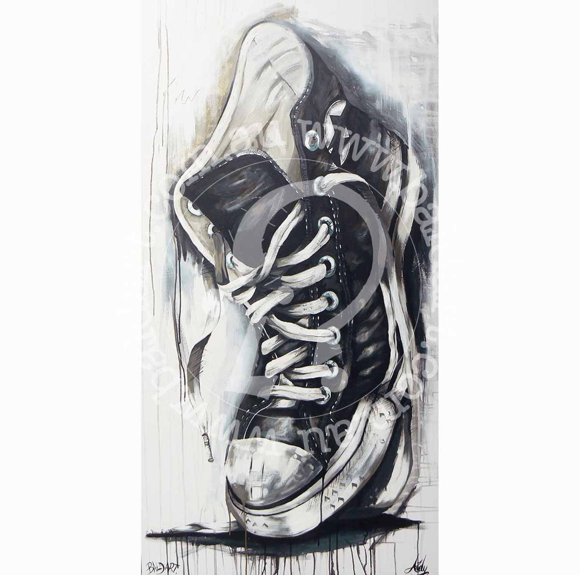 A contemporary artwork featuring a black and white sneaker on a canvas.