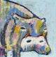 Abstract painting of a hippo set against a vibrant blue background, showcasing bold colors and fluid shapes.