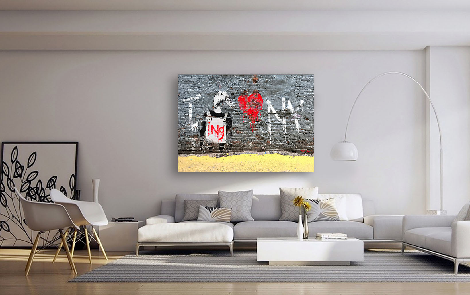 A stylish living room showcasing a vibrant painting on the wall, complemented by inviting seating and warm lighting.