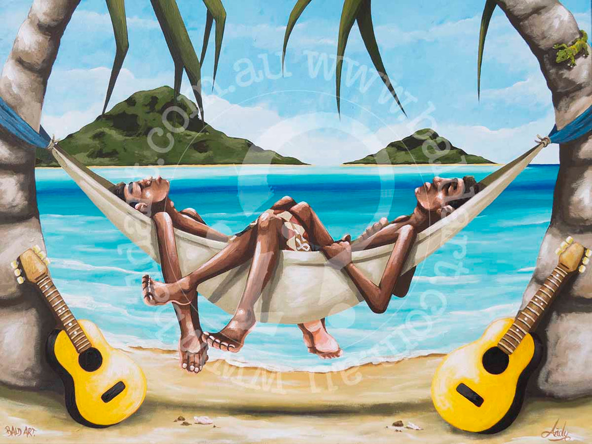 An artwork showing two individuals in a hammock, playing guitars together, set against a tranquil natural backdrop.