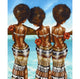 A painting featuring three stylized female figures with brown skin, wearing bows and traditional Fijian sarongs, standing by a body of water.