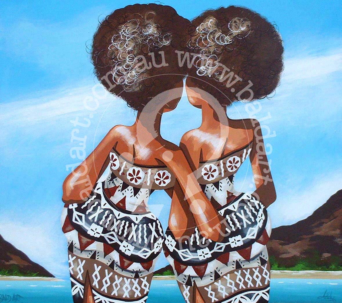 A painting featuring two stylized figures, likely representing women, with intricate patterns on their clothing, against a blue sky and landscape background.