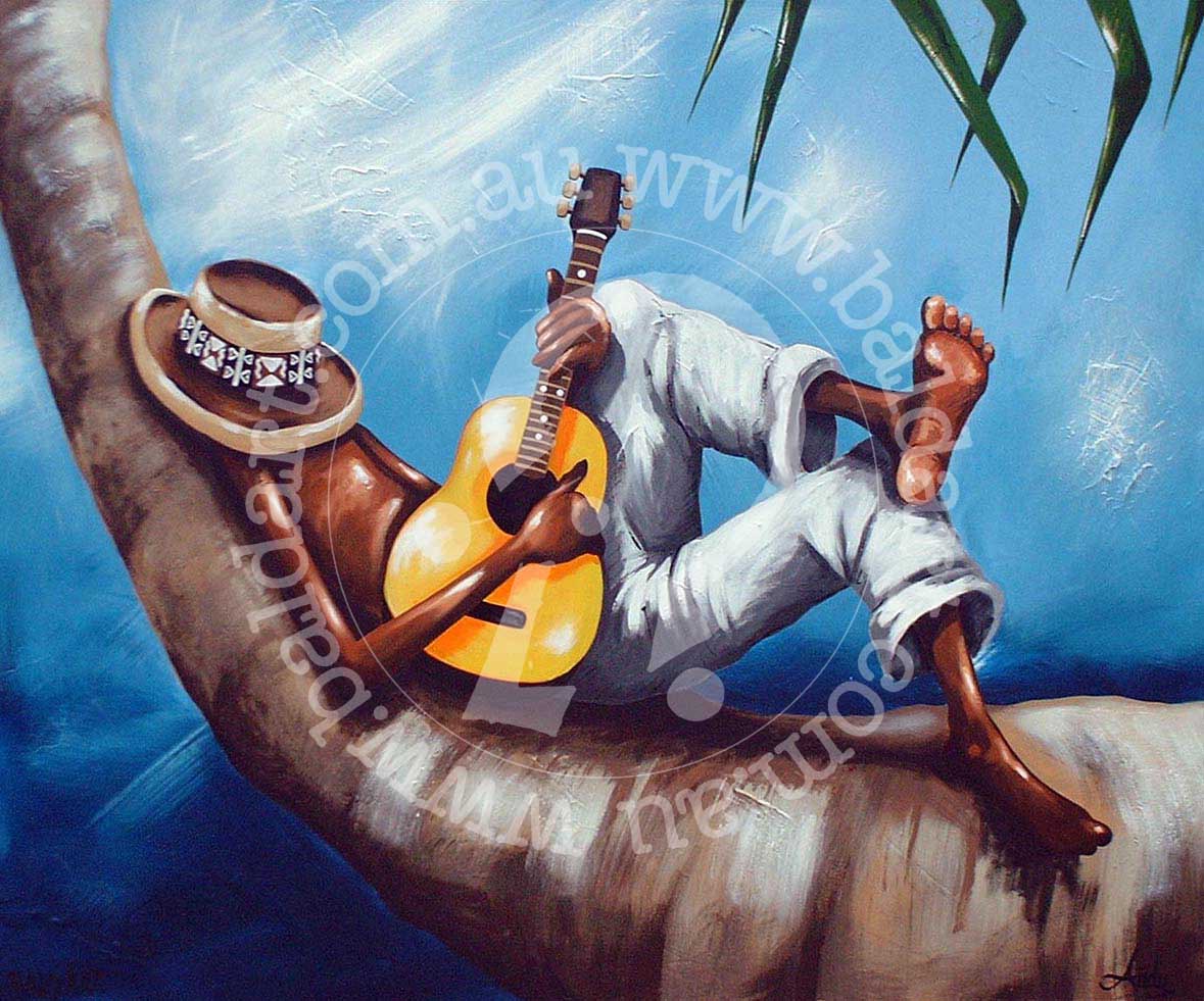 Island humour artwork on canvas titled 'No Strings Attached' featuring a lone musician napping on a curved palm tree branch above the tropical sand.