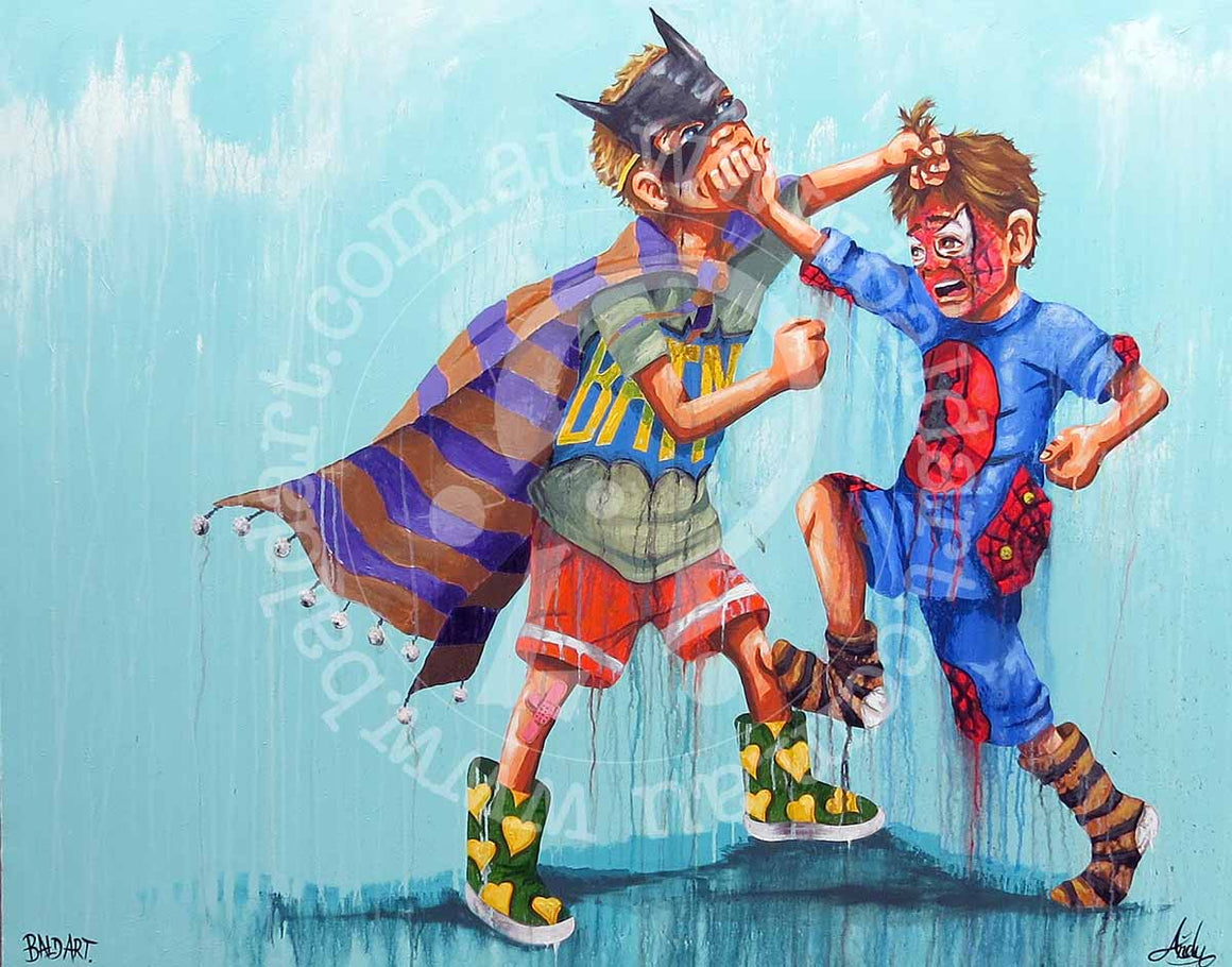 An artwork showing two boys battling in the rain, with droplets splashing around them, highlighting their fierce determination.