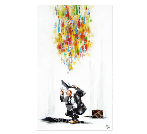 A limited edition print featuring a stylized, colorful artistic depiction of a figure with a hat in their hand, standing in front of a wall of cascading, multicolored strings or beads, which appears to be the central focus of the artwork. The figure is dressed in a black suit and appears to be reaching upwards with the strings.