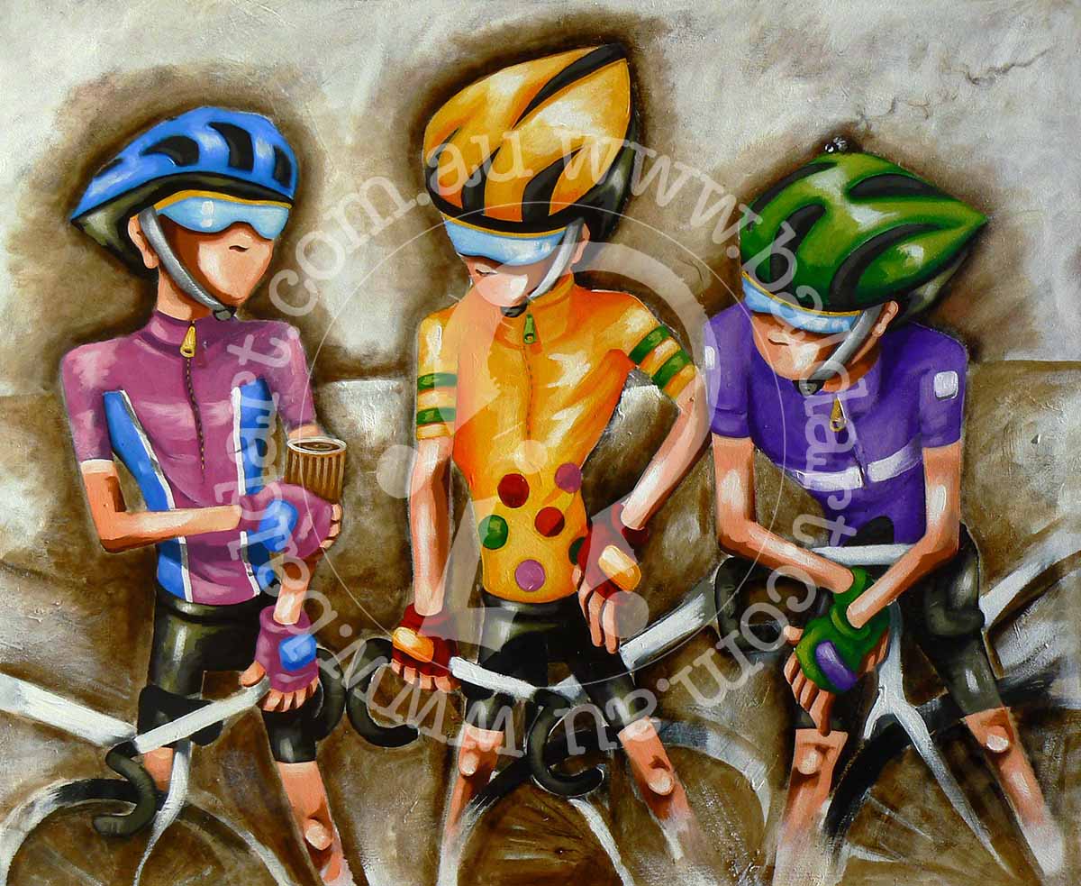 A painting featuring three stylized characters wearing bicycle helmets and riding bicycles. The colors are vibrant with shades of blue, yellow, green, and purple.