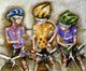 A painting featuring three stylized characters wearing bicycle helmets and riding bicycles. The colors are vibrant with shades of blue, yellow, green, and purple.