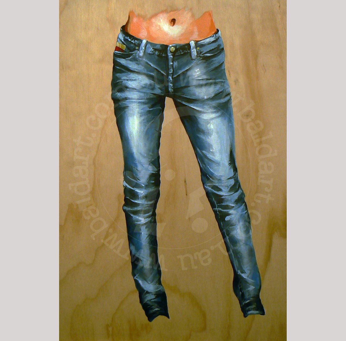 A painting of a pair of blue jeans with knee wrinkles, presented on a wooden surface.