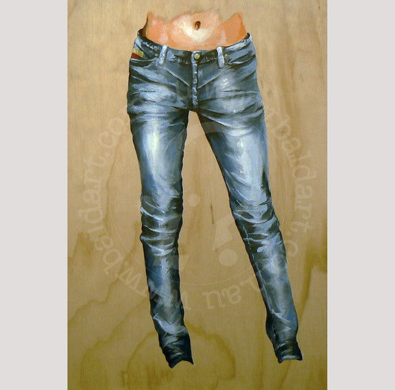 A painting of a pair of blue jeans with knee wrinkles, presented on a wooden surface.