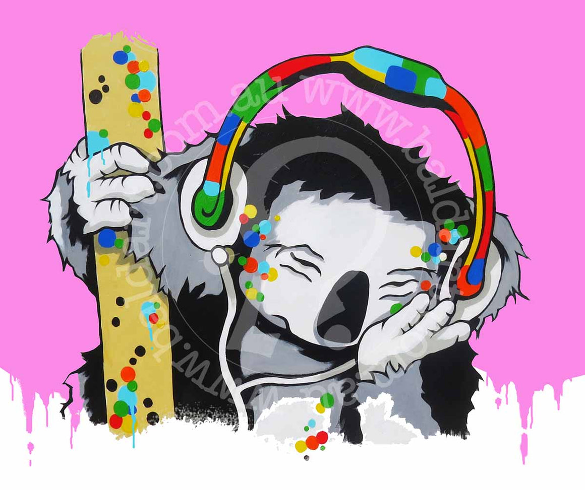 Limited edition print featuring a colorful illustration of a koala wearing headphones and standing next to a wooden board, set against a pink background.