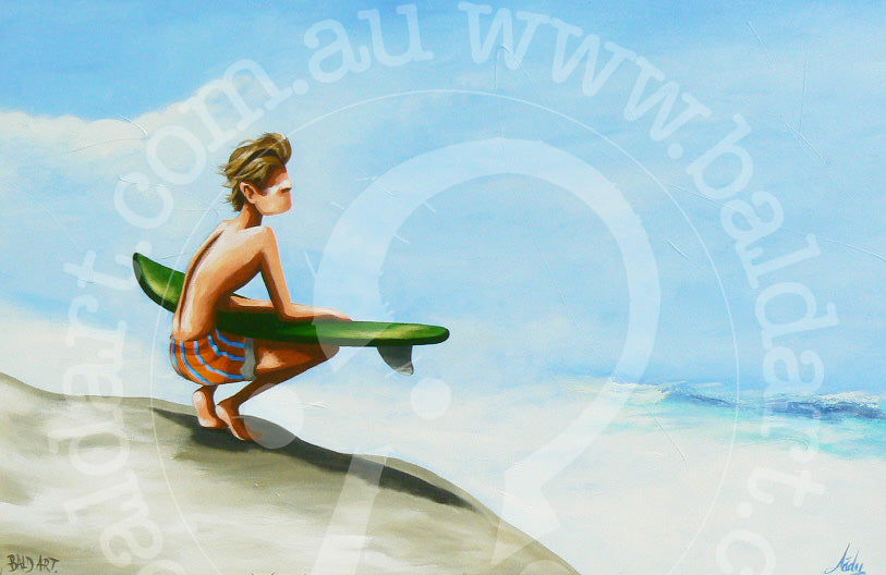 A painting of a boy sitting on a rock, holding a surfboard, with waves crashing in the background.