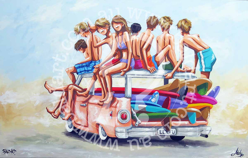 A vibrant painting of a group of people, likely surfers, sitting on the roof of a pink convertible car, which is positioned in a casual, playful pose reminiscent of a classic beach scene.