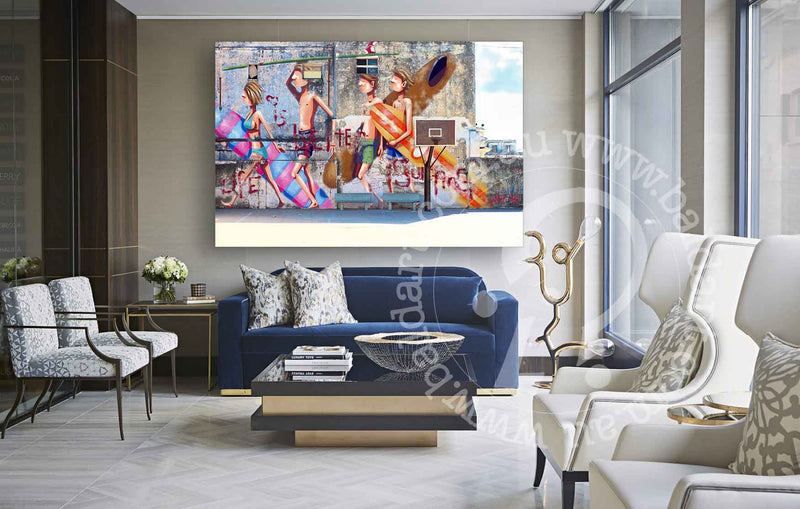 A cozy living room with blue furniture and a prominent large painting as a focal point.