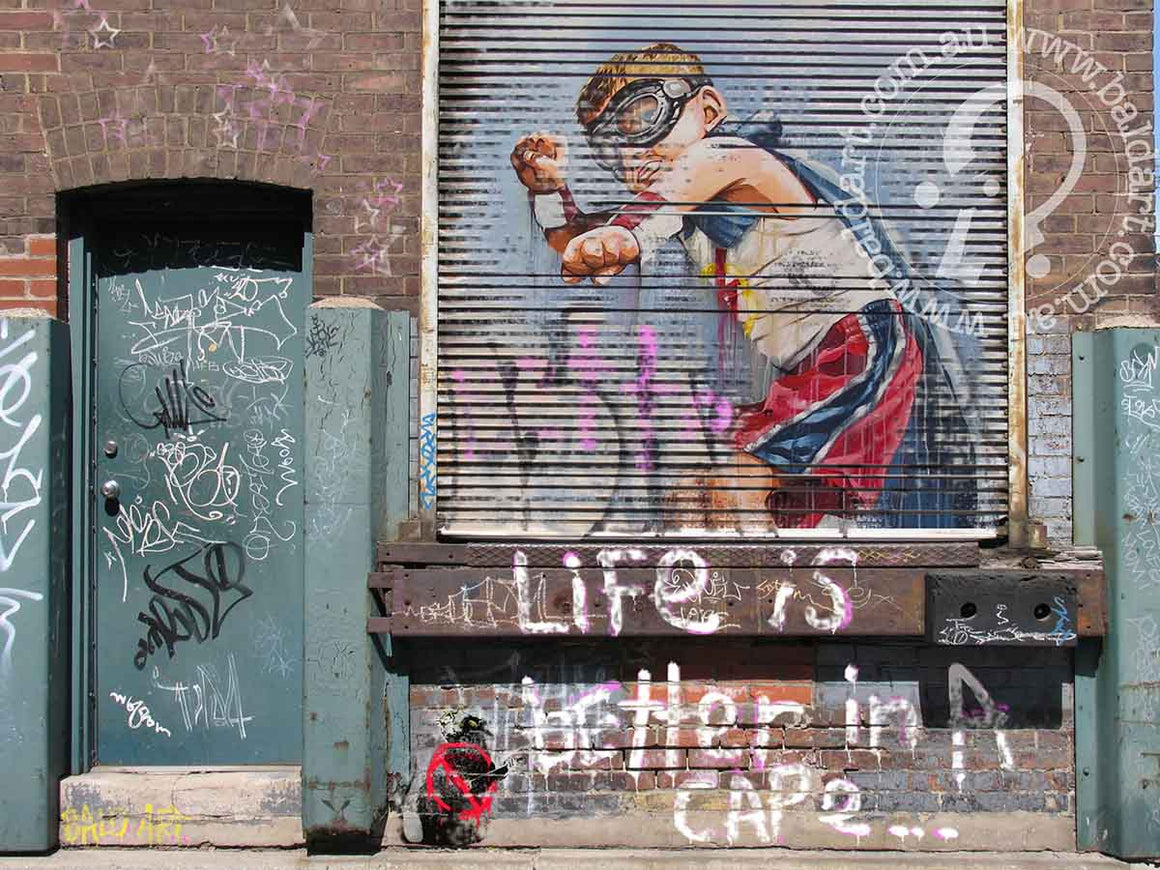 A striking graffiti artwork of a baseball player, showcasing athleticism on a city wall.