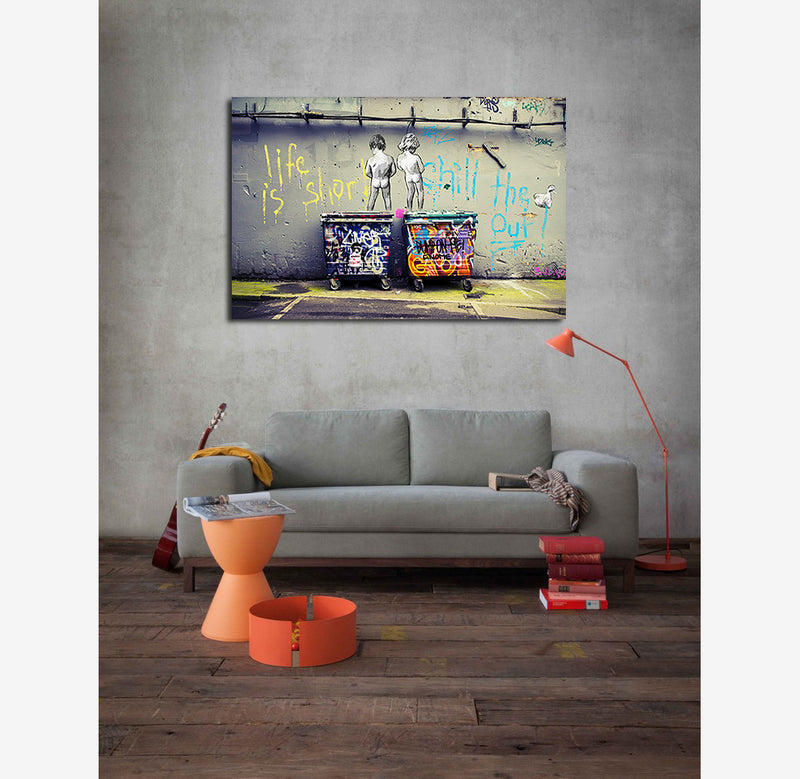 An artwork showing two individuals relaxing on a couch in a warmly decorated living room.