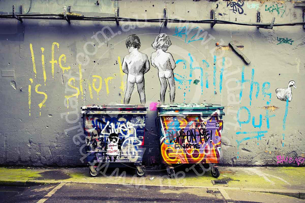 Graffiti-decorated trash cans are placed in front of a wall, illustrating a blend of street art and waste management issues.