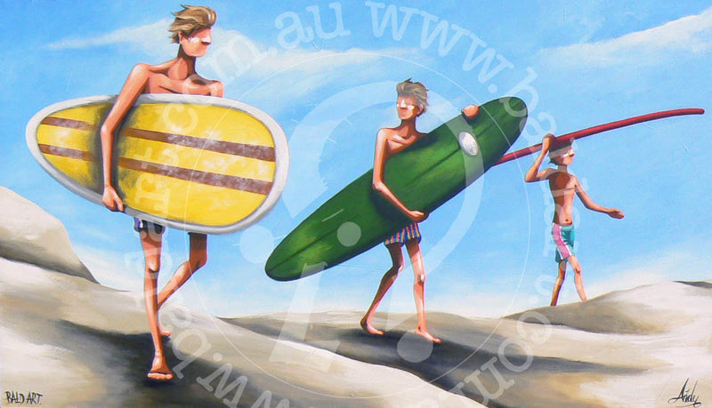 A painting of three people with a surfboard, against a blue sky and sandy background, sunglasses on a head, a green surfboard, and a yellow and black banner.