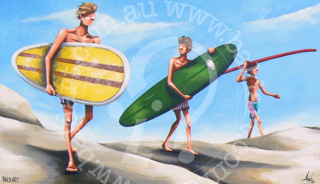 A painting of three people with a surfboard, against a blue sky and sandy background, sunglasses on a head, a green surfboard, and a yellow and black banner.