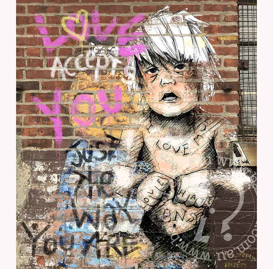 Urban graffiti featuring a young boy with a sign that says "love you," highlighting a playful and heartfelt message.