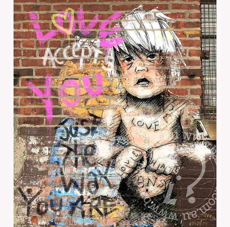 Urban graffiti featuring a young boy with a sign that says "love you," highlighting a playful and heartfelt message.
