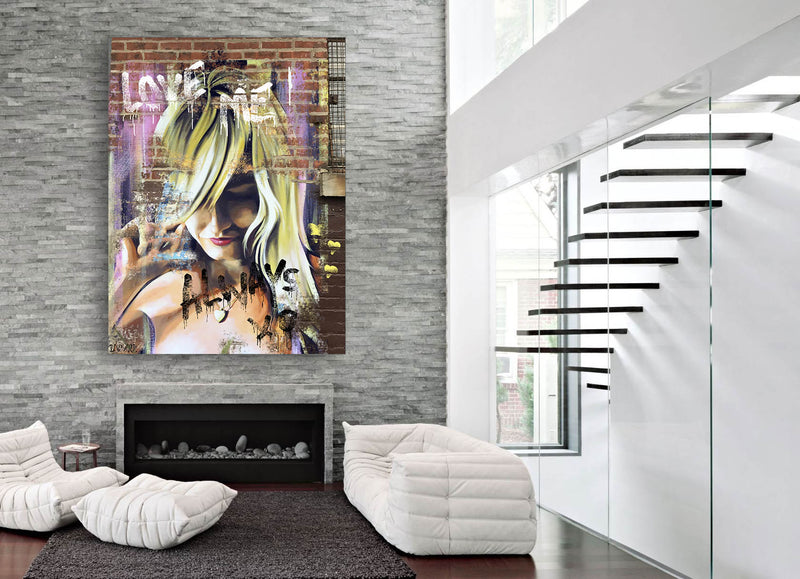 A large artwork on the wall featuring a woman, highlighting her pose and the surrounding colors in an expressive manner.