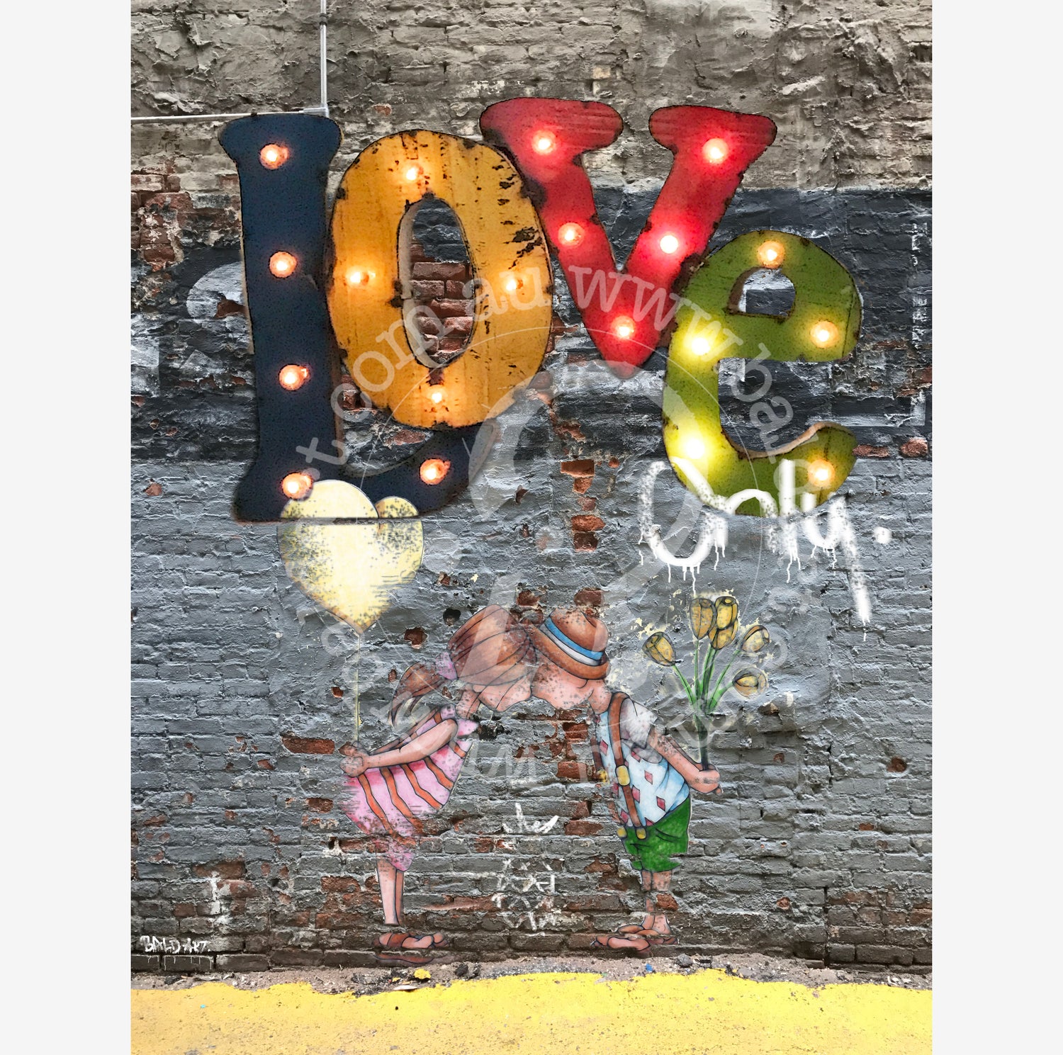 Wall art featuring the phrase "love only" in elegant typography against a textured background.