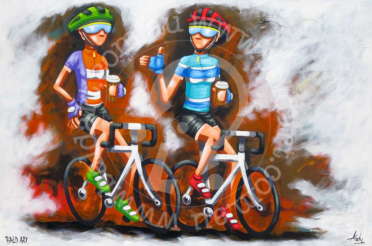 A painting of two stylized characters on bicycles, wearing casual clothing, giving a nod to cycling and contemporary art themes.