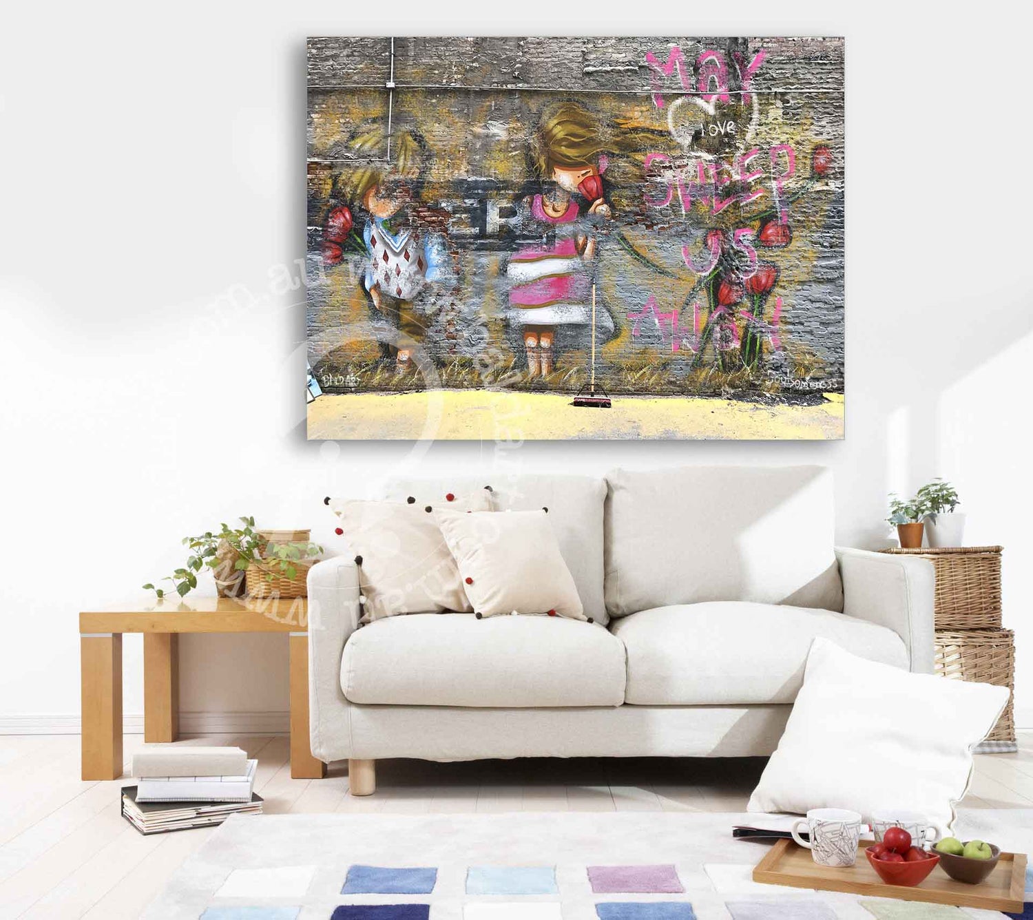 A cozy living room featuring a couch and a colorful painting hanging on the wall.